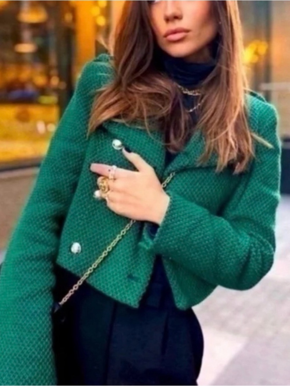 Zara Emerald Green Cropped Textured Jacket